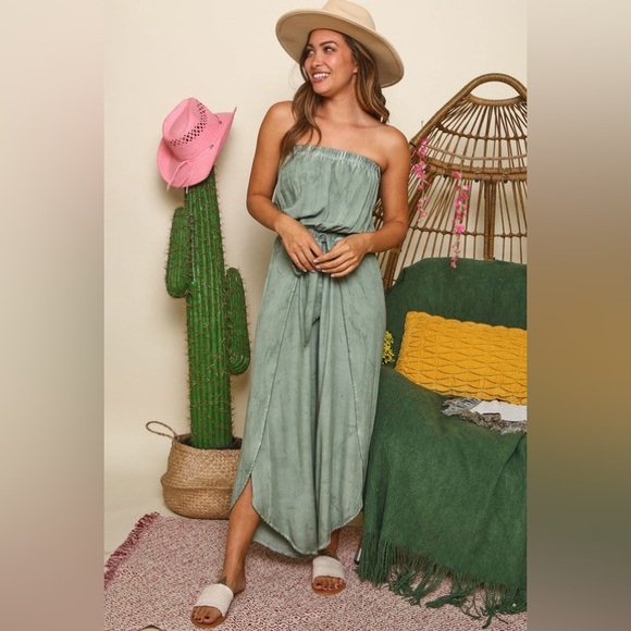 NWOT Off Shoulder Washed Jumpsuit - Ice Green - Picture 2 of 8